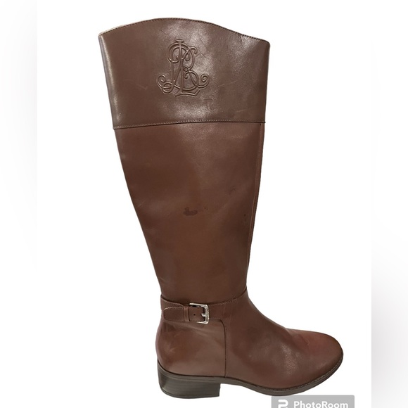 Lauren Ralph Lauren Madisen Leather Riding Boots Sz 7 Brown Embossed Monogram - Picture 5 of 14
